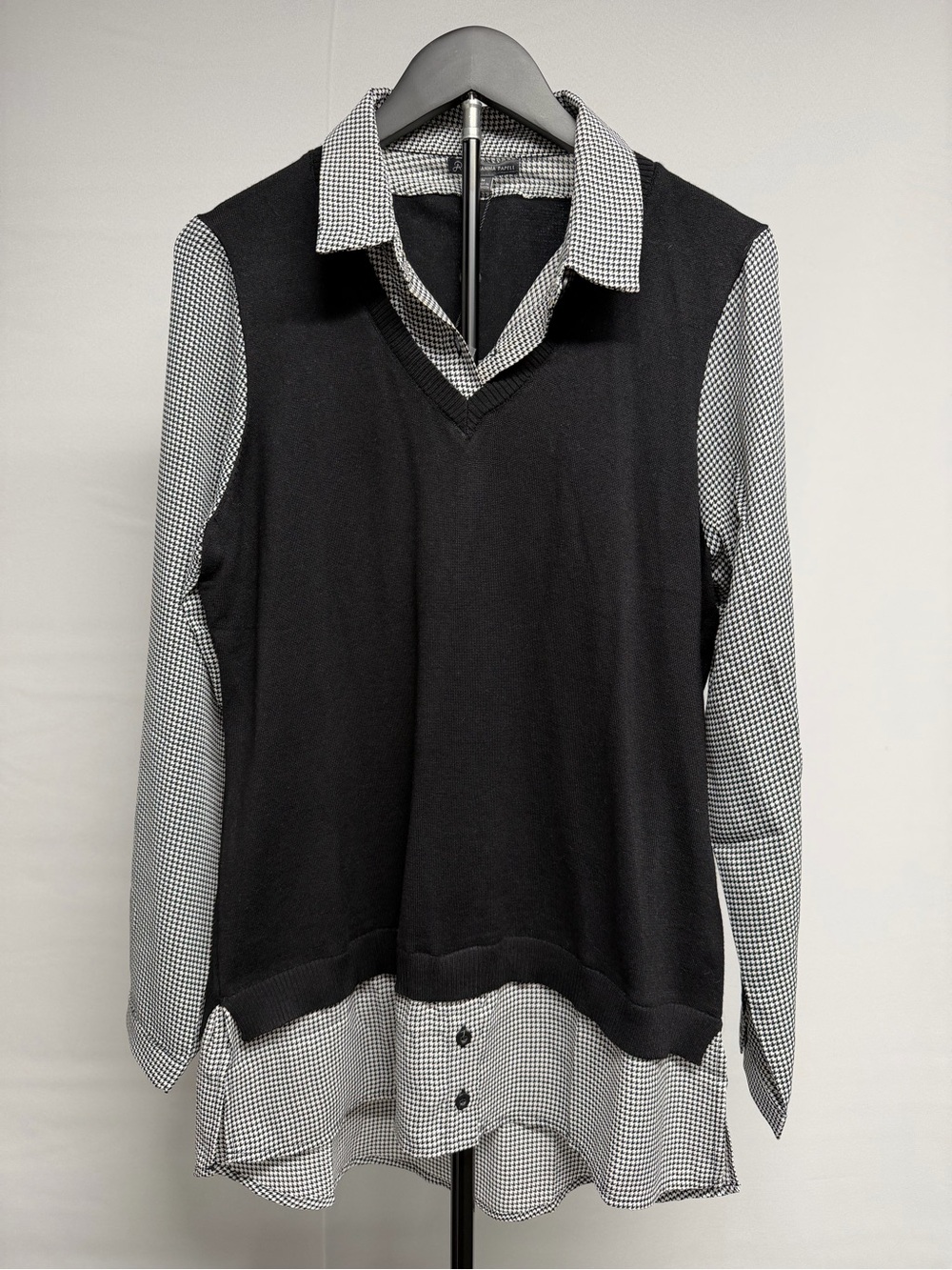 Adrianna Papell Black Layered V-Neck Sweater Shirt with Gingham Shirt Detail